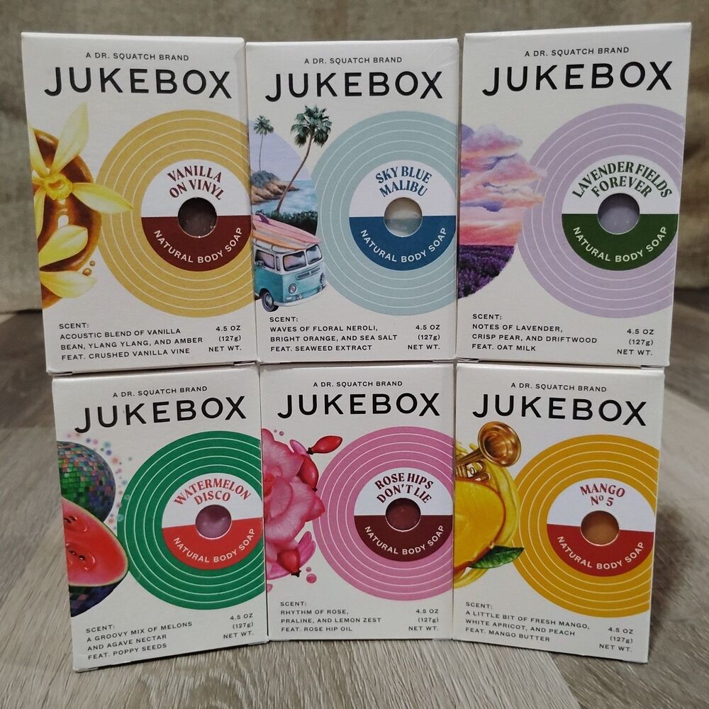 LOT OF 6 Squatch JUKEBOX Soap Lavendar Vanilla Rose Hips Watermelon Mango Malibu
